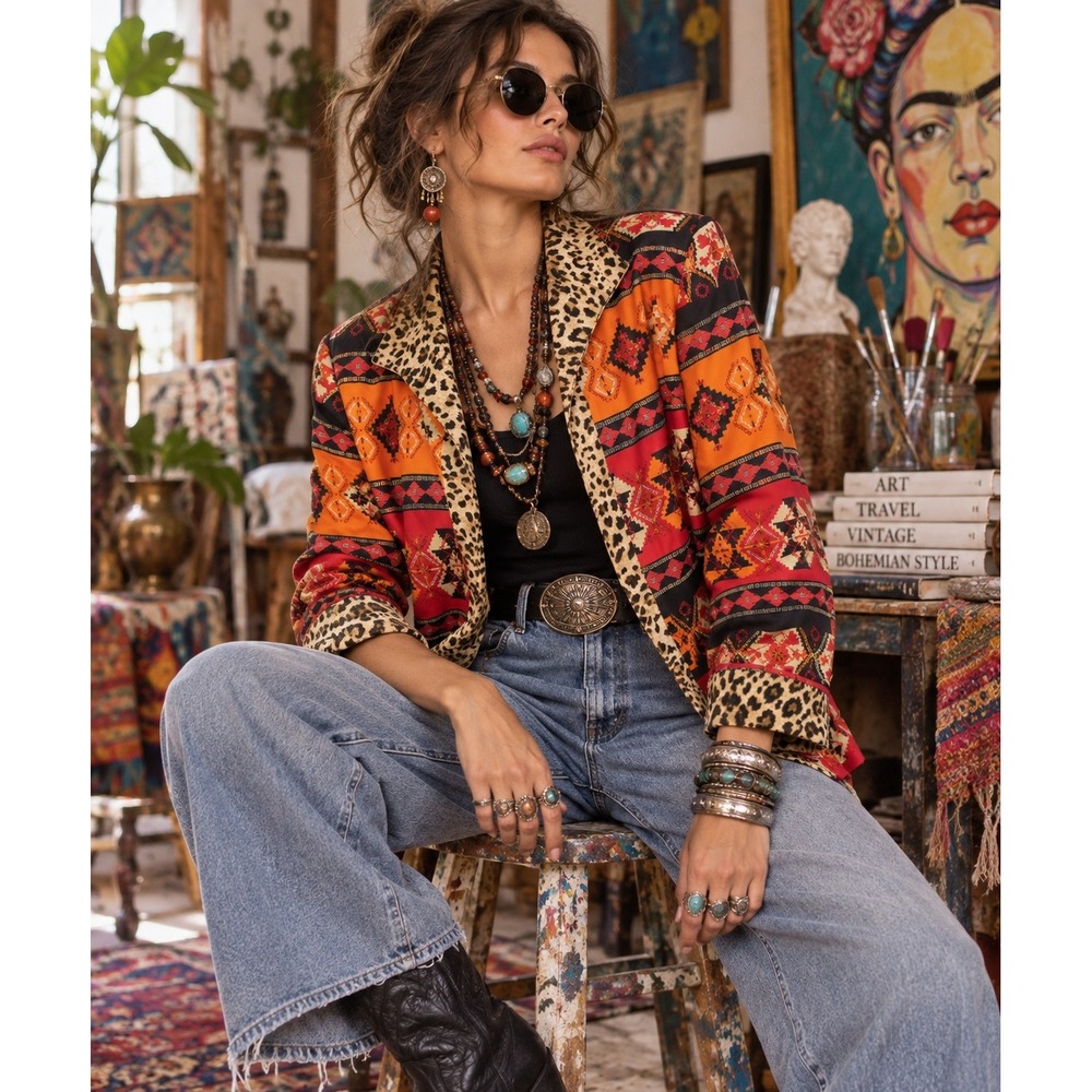 Vintage 90s Silk Southwestern Leopard Trim‎ Statement Jacket Boho Western 4